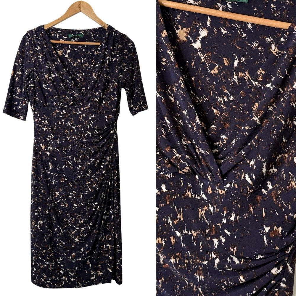 Lauren Ralph Lauren Sheath Dress 6 Artsy Abstract Faux Wrap Stretch Midi Career
